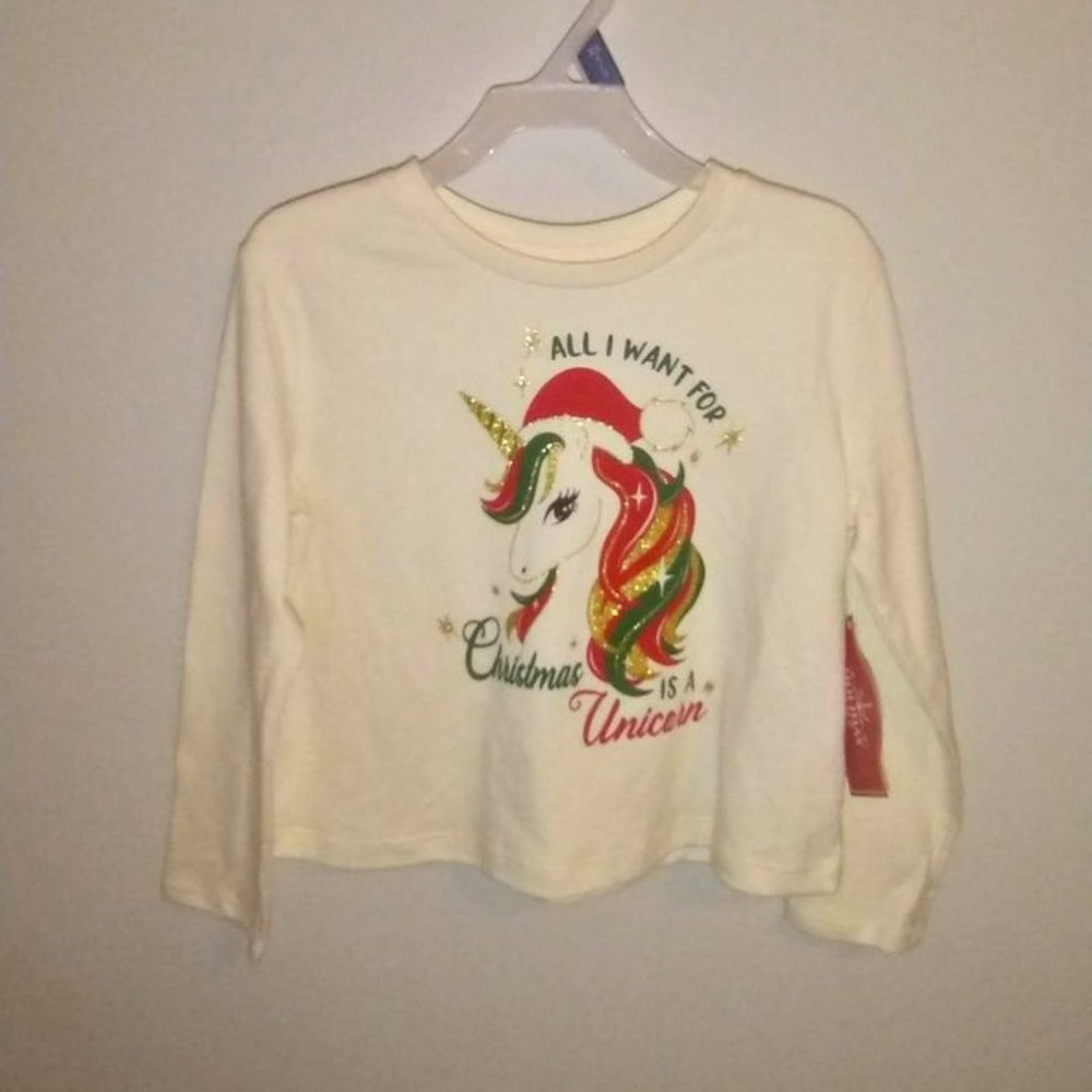 Holiday Time girl Shirt ALL I WANT FOR CHRISTMAS IS A UNICORN size XS 4/5 K-102